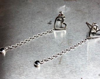 Silver Heart Chain Earrings with Sapphire