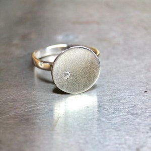 Silver Minimalist Concave Disc Ring with Zirconia/ Matte Brushed Finish