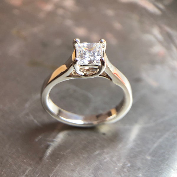 Solitaire Ring Lucida Silver Engagement Ring with Cubic Cubic Zirconia Carre Princess Cut