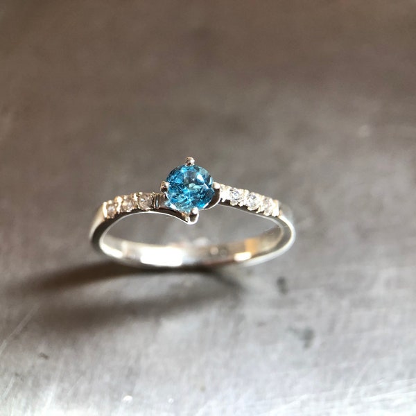 Blue Topaz Ring Silver Engagement Ring Topaz and Zircons Multistein Ring