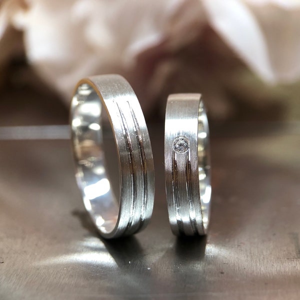 Wedding Rings Wedding Rings Set made of 925 silver matted with two grooves and cubic zirconia