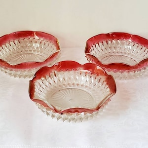 Vintage Diamond Point Ruby Flash Indiana Glass Ruffled Edge Candy Dish/Berry Bowl/Bowl - Set of 3 Ruffled Edge Bowls