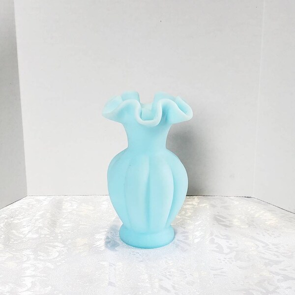 Vintage Fenton Blue Satin Glass Ruffled Melon Vase 5.5" Marked Fenton on Bottom