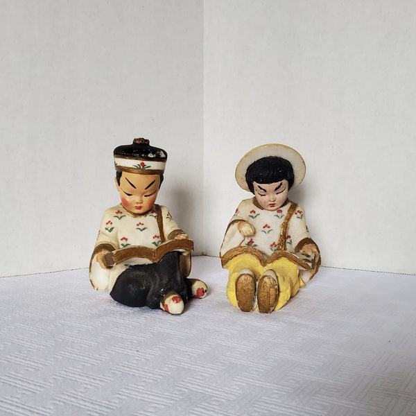 Antique Vintage 1930's Pair of Asian Chalkware Figurines