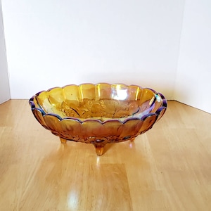 Vintage Amber Carnival Glass Large Footed Oval Fruit Bowl Harvest Grapes Dish