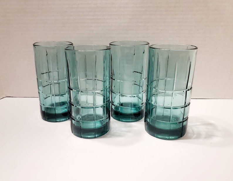 Set of 4 Heavy Iced Tea Glasses Vintage Anchor Hocking Tartan Manchester Dark Green 16oz