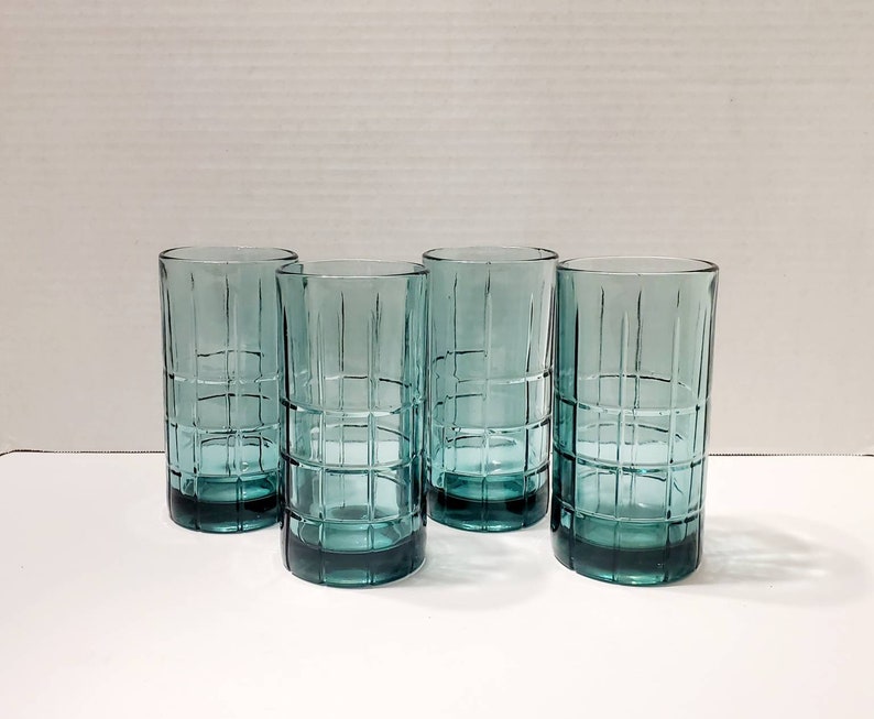 Set of 4 Heavy Iced Tea Glasses Vintage Anchor Hocking Tartan Manchester Dark Green 16oz