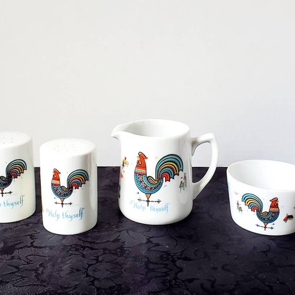 Vintage Berggren Originals 1965 Colorful Rooster 'Help Thyself' Salt and Pepper Shakers Set and Sugar and Creamer Set