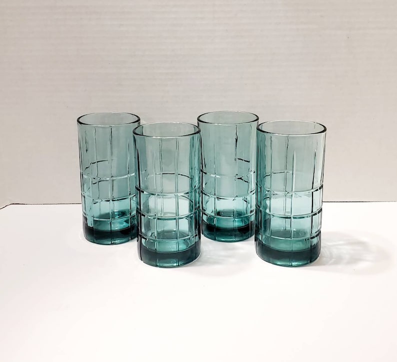 Set of 4 Heavy Iced Tea Glasses Vintage Anchor Hocking Tartan Manchester Dark Green 16oz