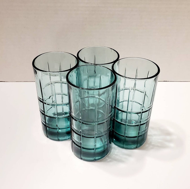Set of 4 Heavy Iced Tea Glasses Vintage Anchor Hocking Tartan Manchester Dark Green 16oz