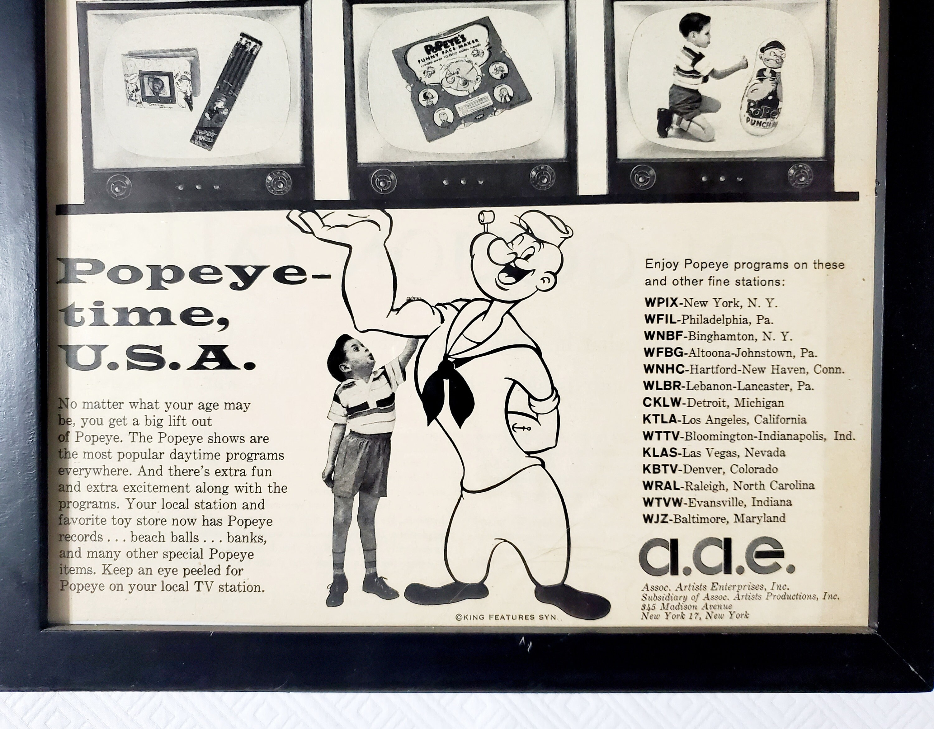 Framed Vintage 1958 Popeye Advertisement King Features Syndicate