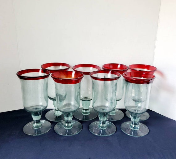 Vintage 1 Source Inc Hand-blown Ruby Red Rimmed Glassware Goblets Set of 8  Glasses 