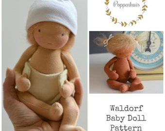 May include: A Waldorf baby doll pattern with two dolls, one wearing a white hat and the other with brown hair. The pattern includes instructions for making a Waldorf baby doll.