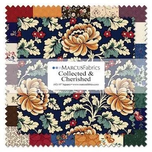 May include: A stack of 42 fabric squares from the Marcus Fabrics Collected & Cherished collection. The top square features a dark blue background with large tan flowers, green leaves, and small red berries. The label reads Marcus Fabrics Collected & Cherished (42) 10" Squares.