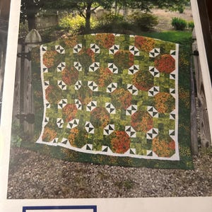 May include: A quilt pattern titled "Nantucket" with a green, orange, and white geometric design. The quilt is draped over a wooden fence. The pattern is by Christine Quilts, and the pattern number is CQ023.