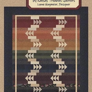 May include: A quilt pattern titled "Formation" by Kansas Troubles Quilters. The design features a geometric pattern in shades of beige, brown, and blue. The quilt is framed by a dark blue border with a beige background. The text "Jelly Roll + Charm Friendly" is also visible.
