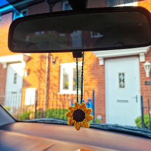 Crochet Sunflower Car Mirror Charm: Handmade Car Accessory, Valentines Gift