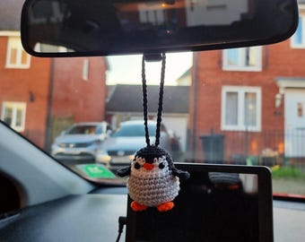 Crochet Penguin Car Mirror Charm | Accessory for Drivers | Valentines Gift