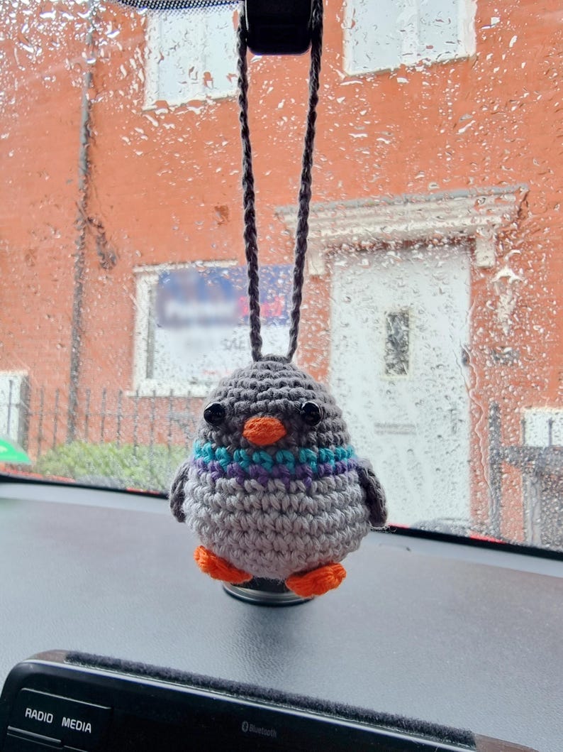May include: A crocheted grey pigeon car charm with orange feet and beak, and a teal and purple chest. The bird hangs from a dark grey cord, adding a whimsical touch to the car's interior. The background shows a rainy day.