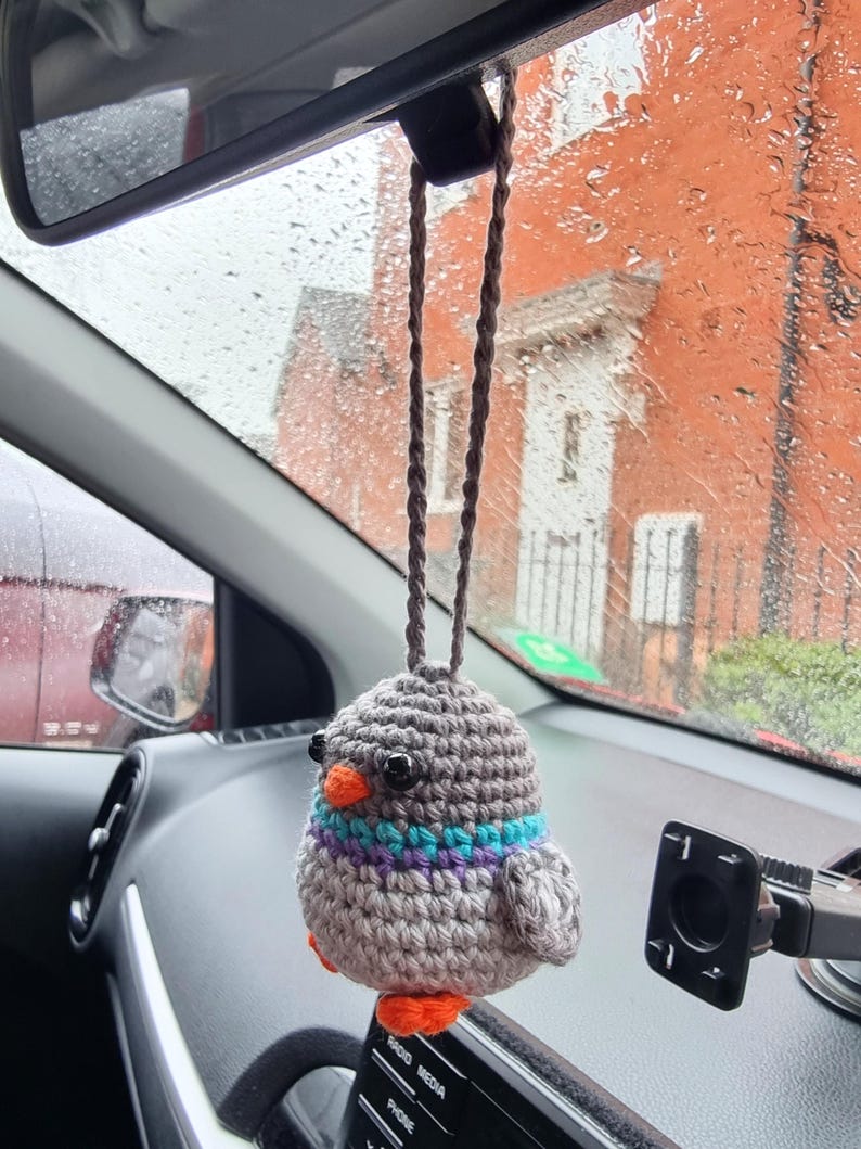 Crochet Pigeon Car Mirror Charm | Accessory for Drivers | Valentines Gift image 2
