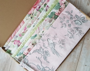 Vintage fabric bundle package of 8 gorgeous old reclaimed French and English fabrics