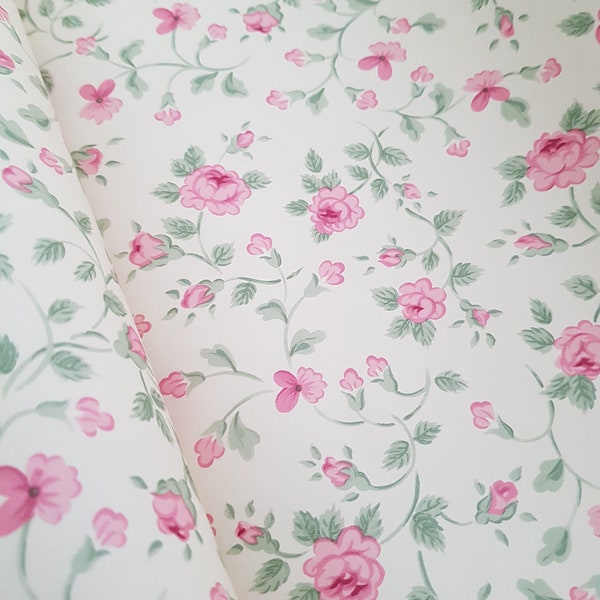 Magnifique papier peint floral rose vintage Sanderson authentique et très rare