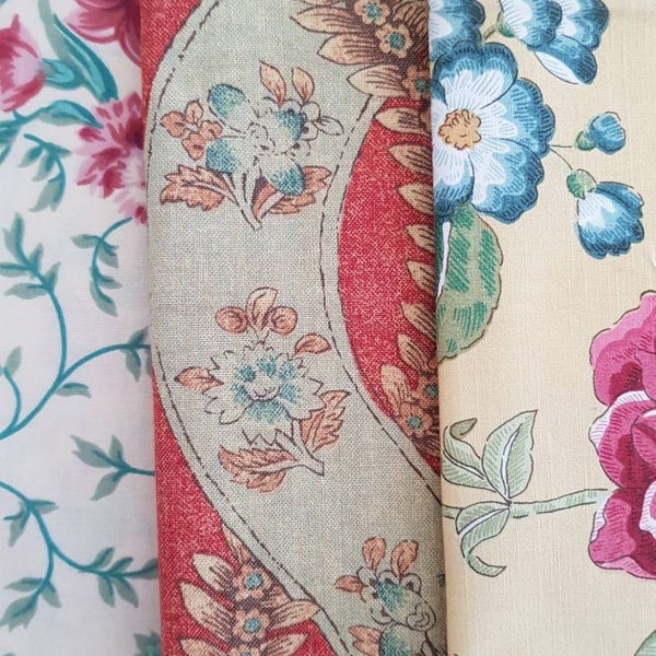 Vintage French fabric bundle of 3 gorgeous old reclaimed fabrics