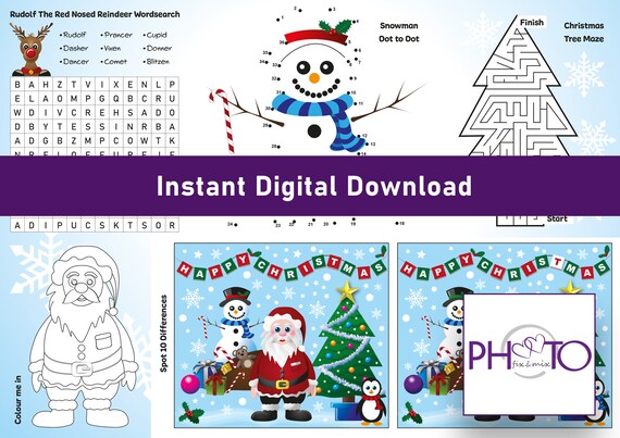 Christmas placemat for children. Puzzles including colouring, Dot to Dot, Spot the Difference & Wordsearch