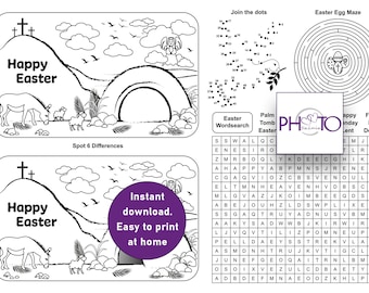 Påskaktivitetstryck med pussel, inkluderar finn skillnaderna, ordsökning, påskägglabyrint och prick-till-prick-formad duva.
