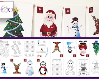 May include: A printable Christmas advent calendar with a festive theme. The calendar features a variety of Christmas characters, including Santa Claus, a snowman, a reindeer, a penguin, and a polar bear. Each day of the calendar has a different activity or puzzle to complete.