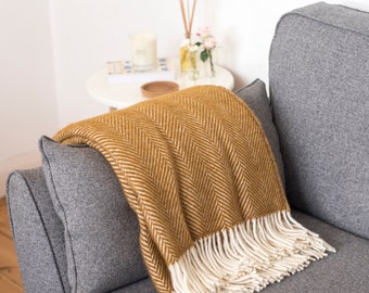 Mustard Yellow Herringbone Wool Throw | 100% Wool | Made in UK | Cosy & Warm
