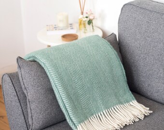 Sea Green Herringbone Wool Throw | Made in UK | 100% Wool | Cosy and Warm | New Home Gift