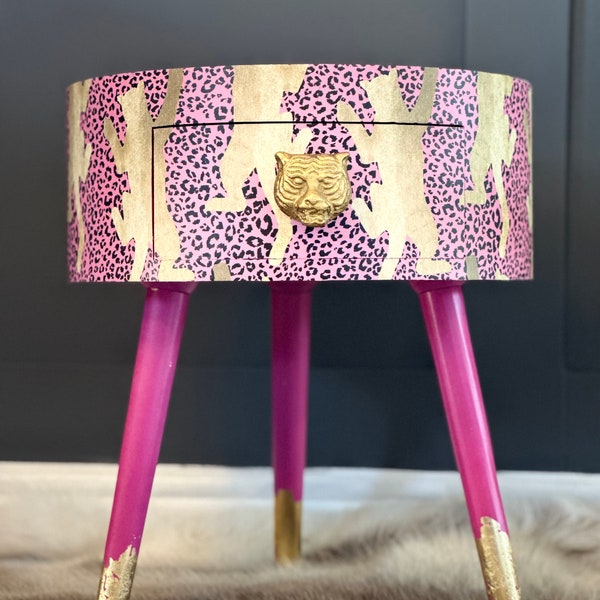 Pink and Gold statement piece | cheetah print side table | furniture | home decor | maximalist | vintage | bright bold fun storage