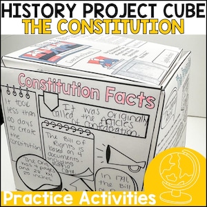 Pode incluir: Uma ilustração em preto e branco de um cubo com as palavras "History Project Cube" e "The Constitution" na frente. O cubo tem diferentes fatos sobre a Constituição dos Estados Unidos em cada lado, incluindo o texto "Constitution Facts", "It was originally called the Articles of Confederation", "The Bill of Rights is based on 4 documents", "The orig. was 4 pages and 28 by 25 inches", "In 1791, the Bill of", e "Practice Activities".