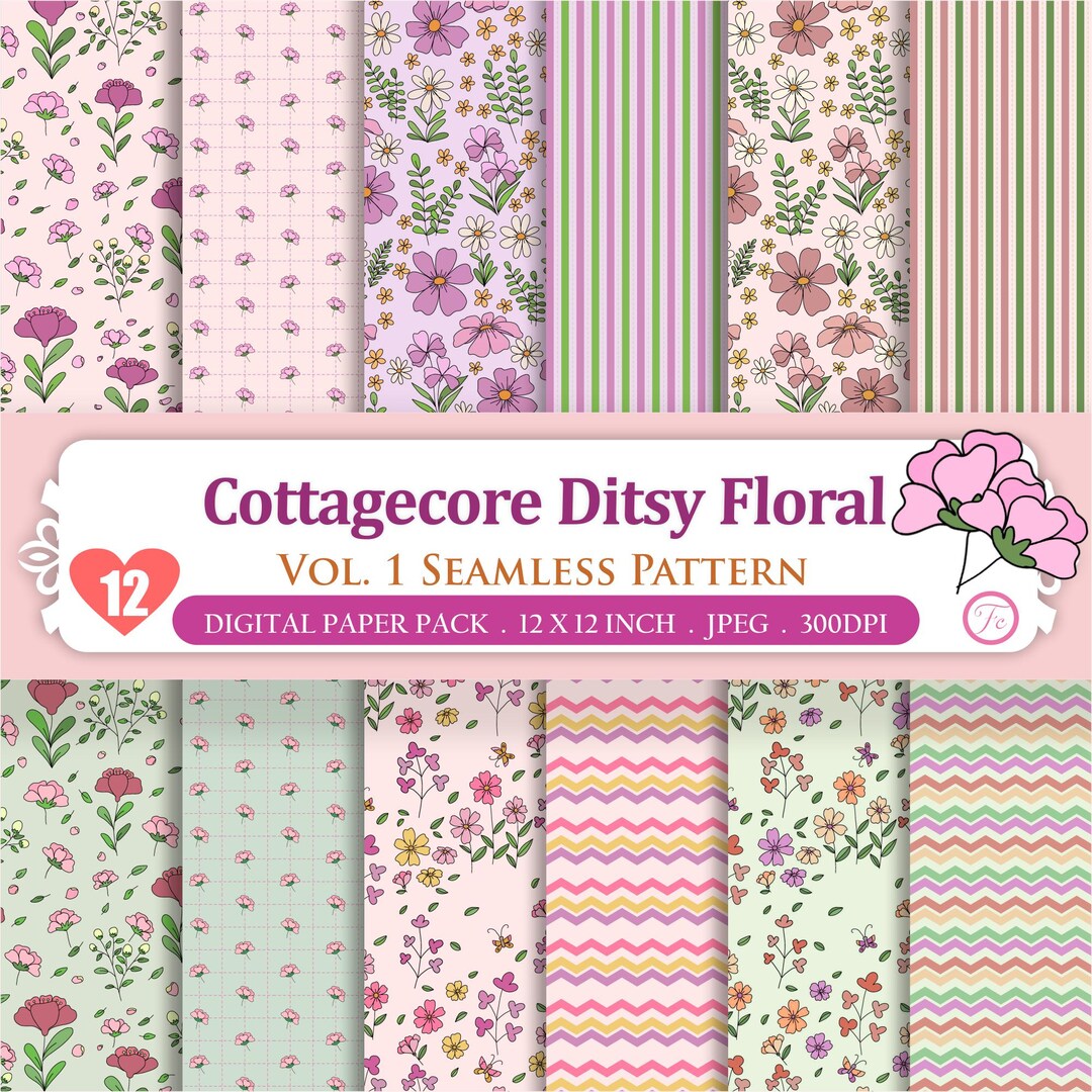 Retro Floral Digital Paper Pack, Cottagecore Seamless Pattern | 12 ...