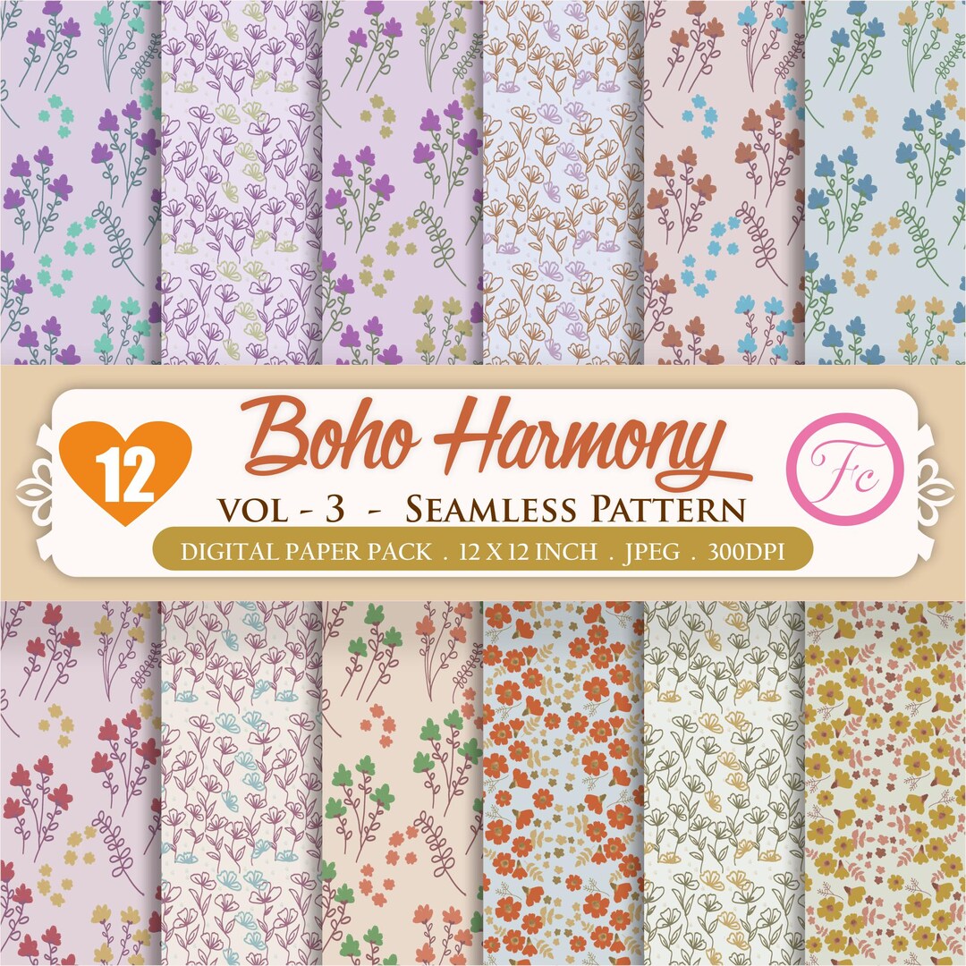 Boho Floral Seamless Paper – 12 Designs, Scrapbook & Journal (digital ...