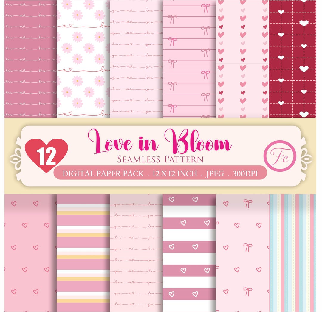 Valentine Digital Paper Pack - Seamless Pink Love Pattern - 12 Design ...