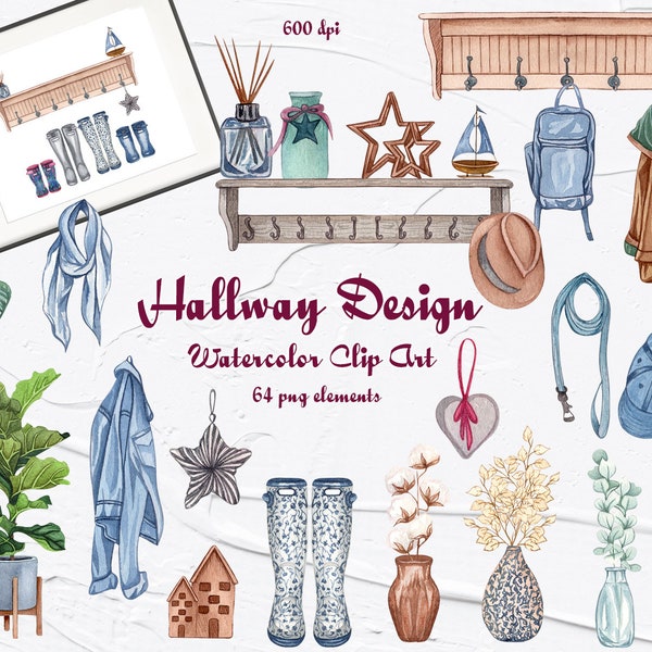 Hallway Design clipart. Interior Décor. Hallway Scene Creator. Watercolor furniture. Cozy Home. Family Wellies Clipart. PNG (FP)