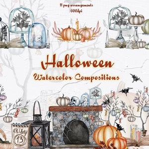 Clipart aquarelle d’Halloween. Aquarelle Halloween Decor Clipart. Compositions d’Halloween. Pierres tombales Halloween. Arrangements d’automne.