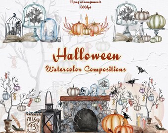 Halloween Watercolor Clipart. Watercolor Halloween Decor Clipart. Halloween compositions. Tombstones Halloween. Fall Arrangemets.
