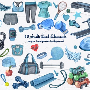 Sport Clipart. Fitness Watercolor Clip Art. Gym equipment illustration. Yoga clipart PNG elements 600dpi image 2