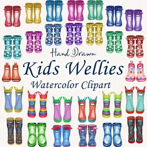 Kinder Gummistiefel Clipart. Regen Stiefel Clipart. Aquarell Stiefel Clip Art. Regenschirme, Gummistiefel Clipart. Familie Gummistiefel Clipart. (FP)