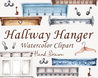 Hallway Hanger Clipart. Cloth Hooks. Family print Scene Creator. Watercolor furniture. Cozy Home. Family Wellies Clipart. PNG (FP)