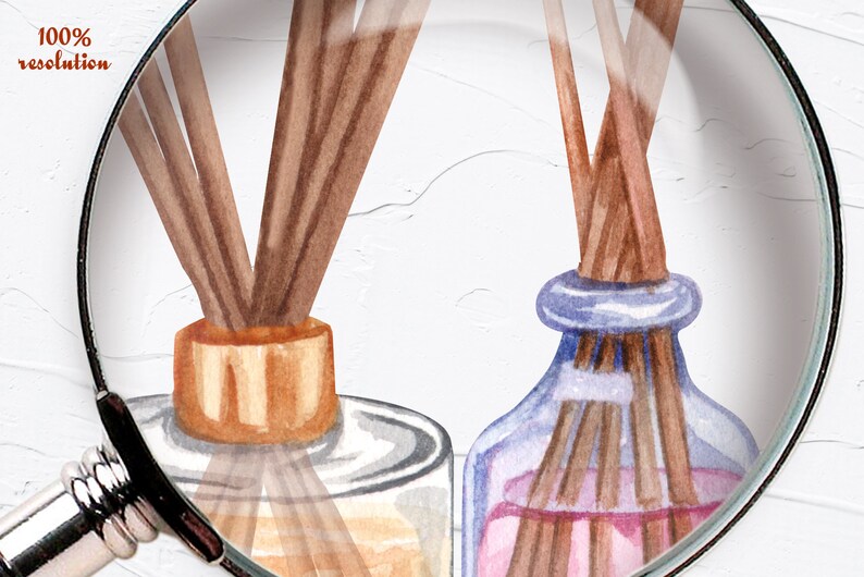 May include: Two glass bottles with brown wooden sticks inside. The bottles are filled with a clear liquid and a pink liquid. The bottles have a gold and blue lid.