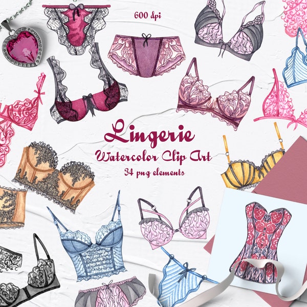 Lingerie Watercolor Clipart. woman Lingerie. Beauty and Fashion. Lingerie clip art. Feminine Underwear clipart. Bra PNG