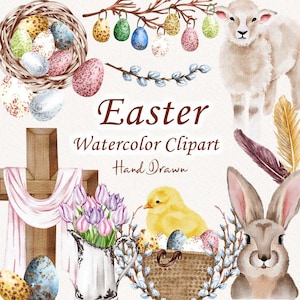 Ostern Aquarell Clipart. Bauernhof Ostern. Frühlings Dekor. Aquarell Osterhase. Frühlingskorb. Huhn, Lamm PNG