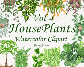 Op de afbeelding: Waterverf clipart set van 10 kamerplanten in potten, met een verscheidenheid aan groen blad, waaronder monstera, slangplant en pothos. De set heeft de titel "Vol 4 House Plants Watercolor Clipart Hand Drawn".