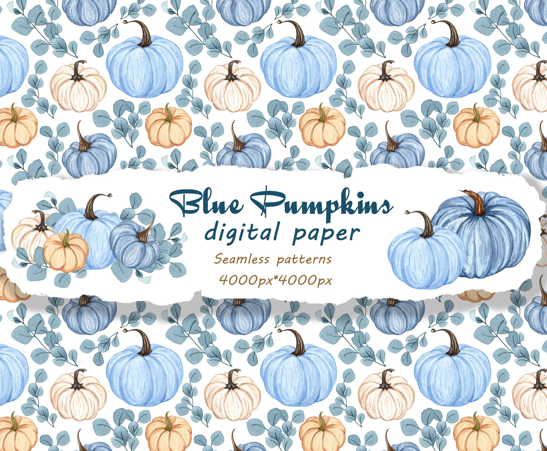 Blue Pumpkins Digital Paper, Fall Seamless Patterns. Pumpkins Paper ...
