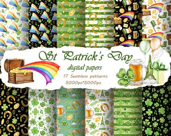 Cyfrowy papier na dzień św. Patryka. Cyfrowy papier na dzień św. Patryka. Wzór koniczyny bez szwu. Cyfrowy papier tęczowy. Zielona irlandzka koniczyna szczęścia