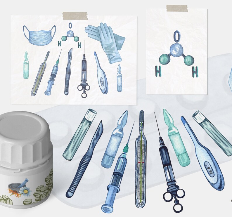 May include: A watercolor illustration of medical supplies, including a face mask, gloves, syringes, thermometers, scalpels, and vials. The illustration also includes a chemical formula for water, H2O.